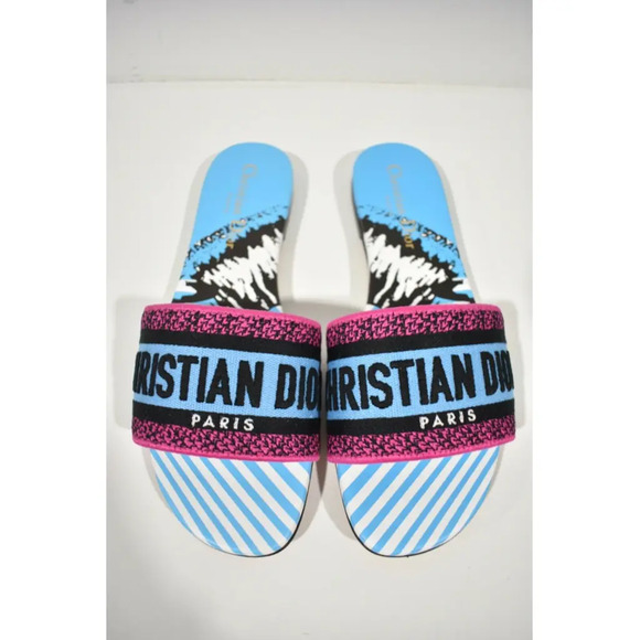 Christian Dior Dway D Jungle Blue Black Embroidered Logo Slide Flat Sandal 36 - Picture 7 of 12